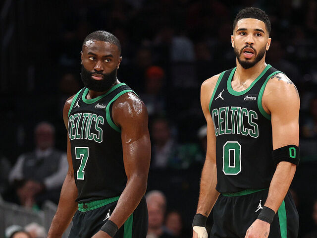 BOSTON, MASSACHUSETTS - APRIL 29: Jayson Tatum #0 of the Boston Celtics and Jaylen Brown #7 look on in Game Five of the Eastern Conference First Round NBA Playoffs against the Orlando Magic at TD Garden on April 29, 2025 in Boston, Massachusetts.