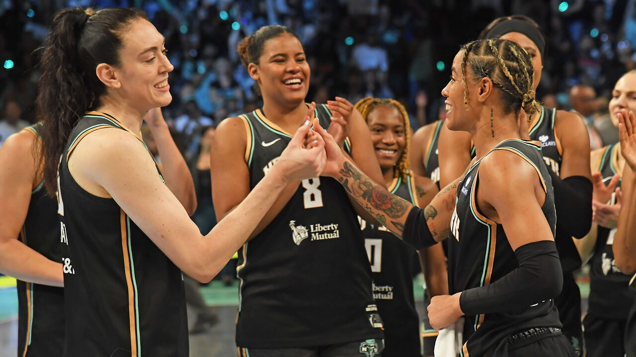 BROOKLYN, NY - MAY 17: Natasha Cloud #9 and Breanna Stewart #30 of the New York Liberty high five after the game against the Las Vegas Aces during a WNBA game on May 17, 2024 at Barclays Center Arena in Brooklyn, New York. Mandatory Copyright Notice: Copyright 2025 NBAE
