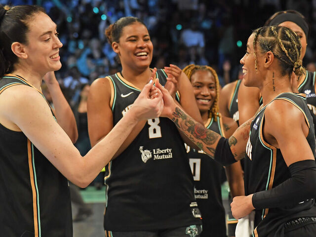 BROOKLYN, NY - MAY 17: Natasha Cloud #9 and Breanna Stewart #30 of the New York Liberty high five after the game against the Las Vegas Aces during a WNBA game on May 17, 2024 at Barclays Center Arena in Brooklyn, New York. Mandatory Copyright Notice: Copyright 2025 NBAE