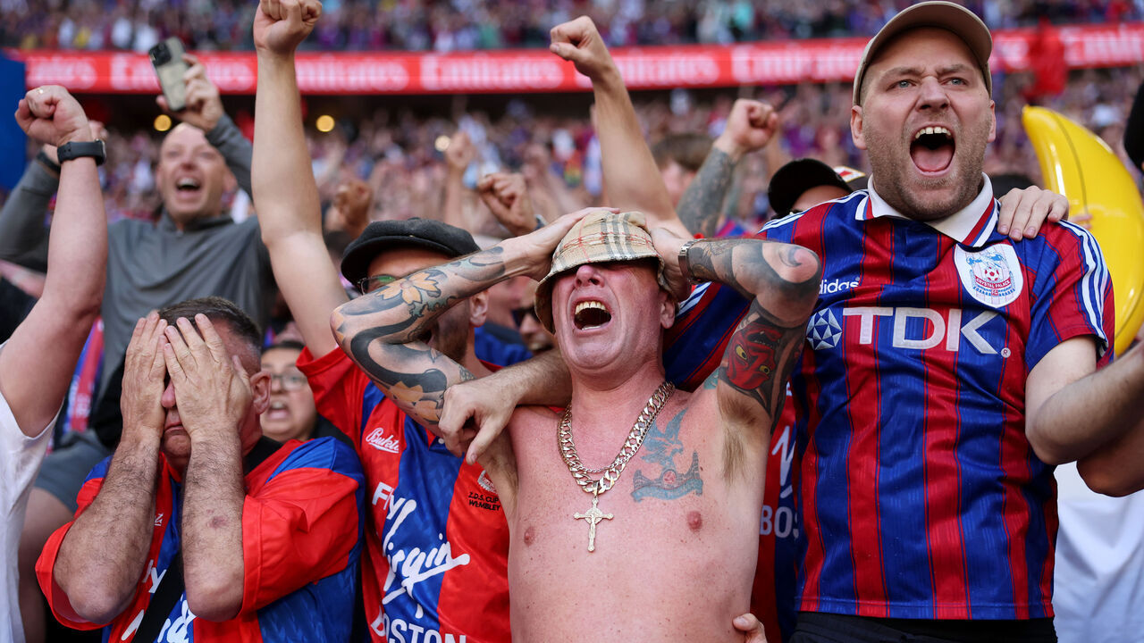 LONDON, ENGLAND - MAY 17: Fans of Crystal Palace celebrate following their teams victory of the Emirates FA Cup Final match between Crystal Palace and Manchester City at Wembley Stadium on May 17, 2025 in London, England.
