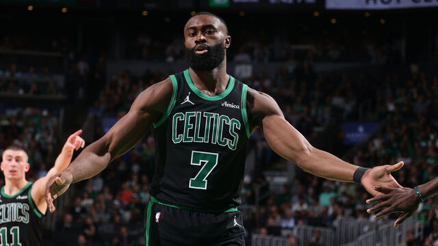 BOSTON, MA - MAY 14: Jaylen Brown #7 of the Boston Celtics high five teammates during the game against the New York Knicks during Round Two Game Five of the 2025 NBA Playoffs on May 14, 2025 at TD Garden in Boston, Massachusetts. NOTE TO USER: User expressly acknowledges and agrees that, by downloading and/or using this Photograph, user is consenting to the terms and conditions of the Getty Images License Agreement. Mandatory Copyright Notice: Copyright 2025 NBAE