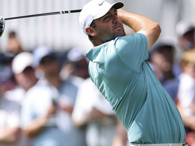 CHARLOTTE, NORTH CAROLINA - MAY 17: Scottie Scheffler of the United States plays his shot from the eighth tee during the third round of the PGA Championship at Quail Hollow Country Club on May 17, 2025 in Charlotte, North Carolina.