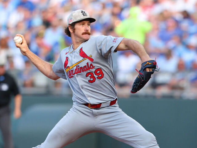 KANSAS CITY, MO - MAY 17: Miles Mikolas #39 of the St. Louis Cardinals pitches during the game between the St. Louis Cardinals and the Kansas City Royals at Kauffman Stadium on Saturday, May 17, 2025 in Kansas City, Missouri.