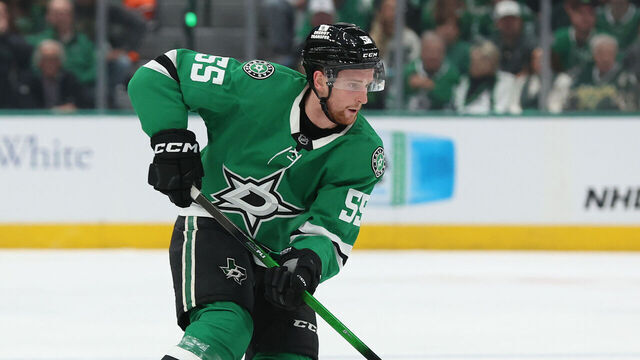 DALLAS, TEXAS - MAY 11: Thomas Harley #55 of the Dallas Stars skates with the puck against the Winnipeg Jets during the first period of Game Three of the Second Round in the 2025 Stanley Cup Playoffs at American Airlines Center on May 11, 2025 in Dallas, Texas.