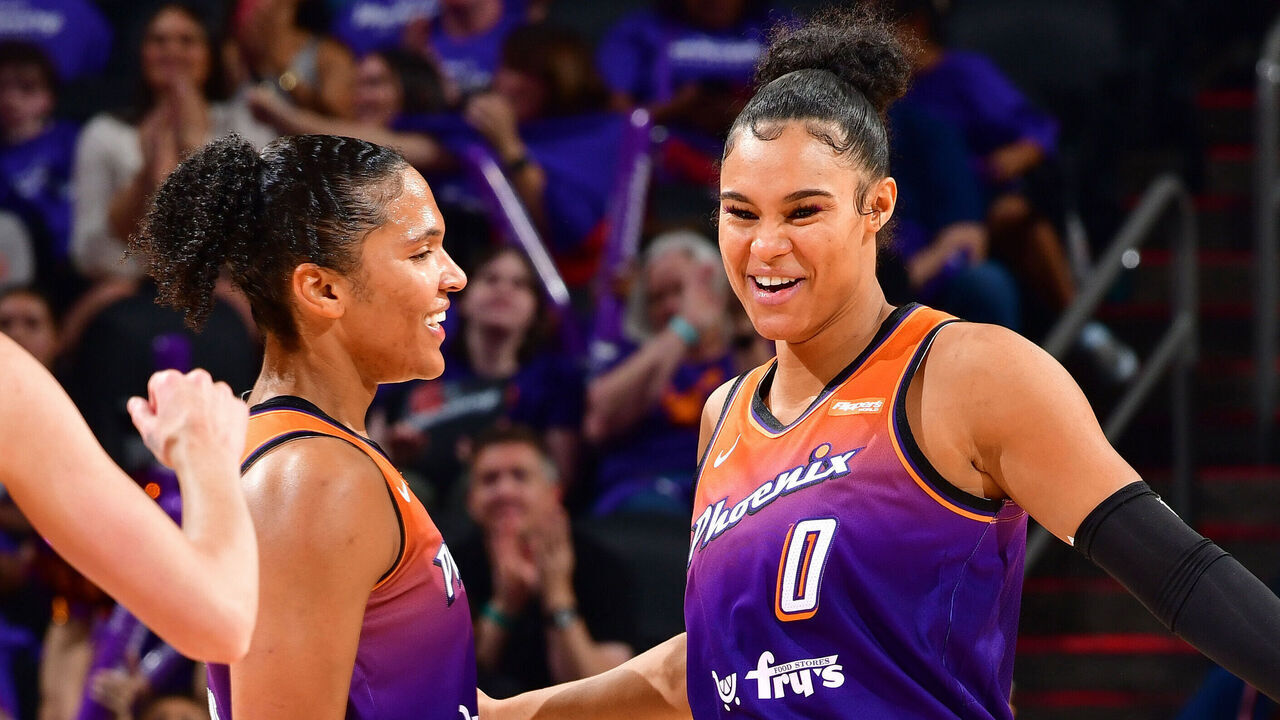 PHOENIX, AZ - MAY 17: Alyssa Thomas #25 and Satou Sabally #0 of the Phoenix Mercury smile during the game against the Seattle Storm on May 17, 2025 at PHX Arena in Phoenix, Arizona. Mandatory Copyright Notice: Copyright 2025 NBAE