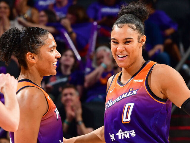 PHOENIX, AZ - MAY 17: Alyssa Thomas #25 and Satou Sabally #0 of the Phoenix Mercury smile during the game against the Seattle Storm on May 17, 2025 at PHX Arena in Phoenix, Arizona. Mandatory Copyright Notice: Copyright 2025 NBAE