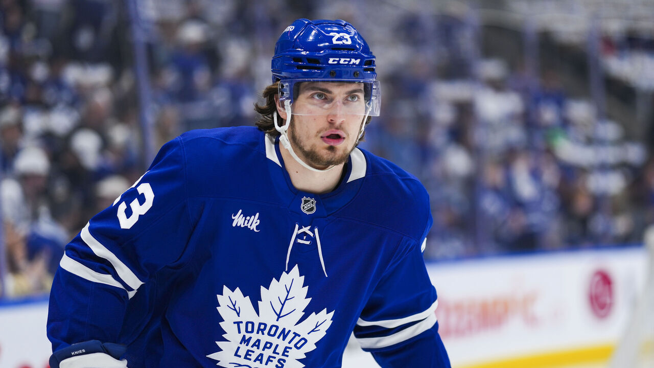 TORONTO, ON - MAY 14: Matthew Knies #23 of the Toronto Maple Leafs warms-up before Game Five of the Second Round of the 2025 Stanley Cup Playoffs against the Florida Panthers at the Scotiabank Arena on May 14, 2025 in Toronto, Ontario, Canada.