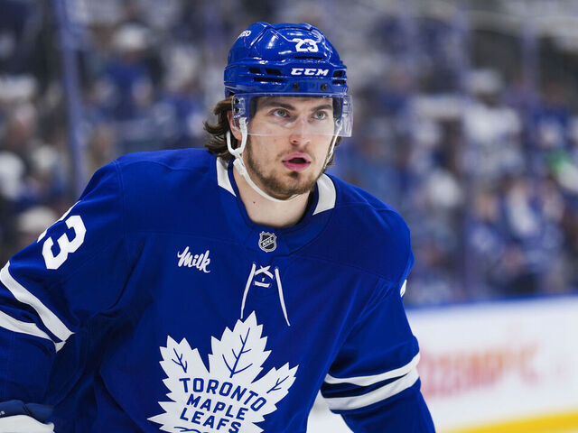 TORONTO, ON - MAY 14: Matthew Knies #23 of the Toronto Maple Leafs warms-up before Game Five of the Second Round of the 2025 Stanley Cup Playoffs against the Florida Panthers at the Scotiabank Arena on May 14, 2025 in Toronto, Ontario, Canada.
