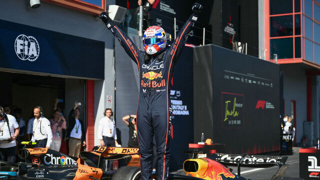 Red Bull Racing's Dutch driver Max Verstappen celebrates after winning the 2025 Emilia Romagna Formula One Grand Prix at the Imola autodrome in Imola, on May 18, 2025.