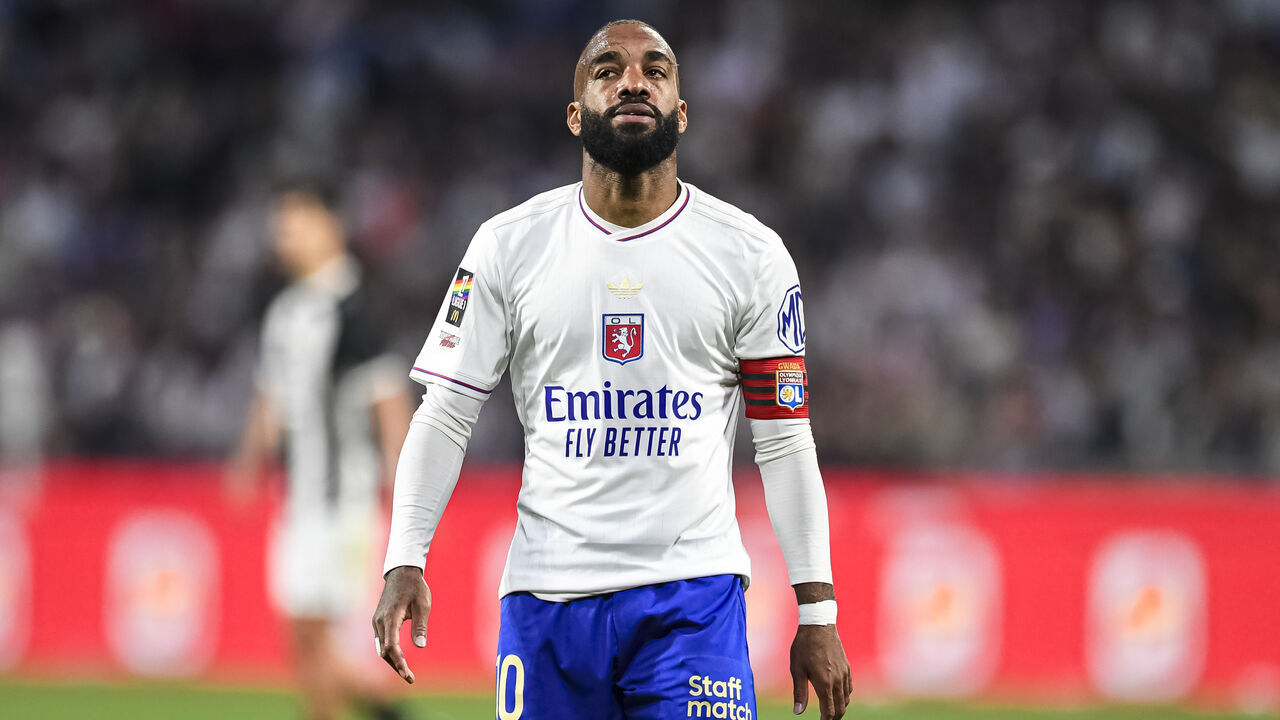 LYON, FRANCE - MAY 17: Alexandre Lacazette of Lyon walks in the field during the France Ligue 1 match between Olympique Lyonnais and Angers SCO at Groupama Stadium on May 17, 2025 in Lyon, France.