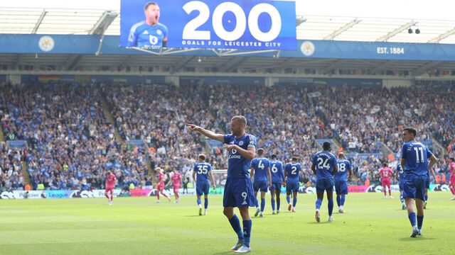 LEICESTER, ENGLAND - MAY 18: Jamie Vardy of Leicester City celebrates scoring his team's first goal which marks his 200th goal for Leicester City during the Premier League match between Leicester City FC and Ipswich Town FC at The King Power Stadium on May 18, 2025 in Leicester, England.