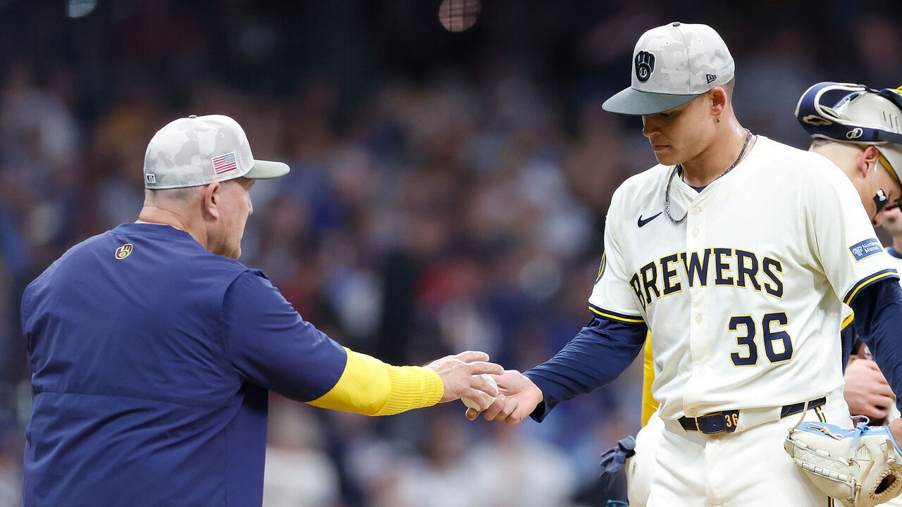 MILWAUKEE, WISCONSIN - MAY 17: Tobias Myers #36 of the Milwaukee Brewers is taken out of game by manager Pat Murphy #49 in the fourth inning against the Minnesota Twins at American Family Field on May 17, 2025 in Milwaukee, Wisconsin.