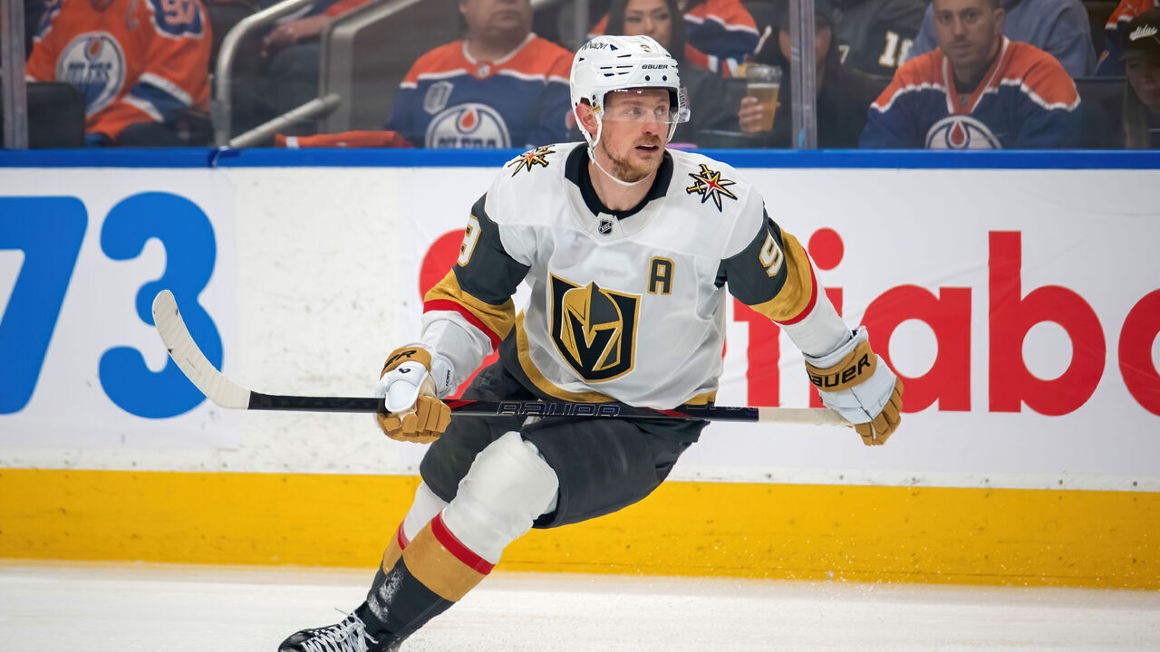 EDMONTON, CANADA - MAY 12: Jack Eichel #9 of the Vegas Golden Knights in action during Game Four of the Second Round of the 2025 Stanley Cup Playoffs against the Edmonton Oilers at Rogers Place on May 12, 2025, in Edmonton, Alberta, Canada.