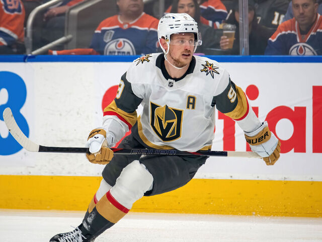 EDMONTON, CANADA - MAY 12: Jack Eichel #9 of the Vegas Golden Knights in action during Game Four of the Second Round of the 2025 Stanley Cup Playoffs against the Edmonton Oilers at Rogers Place on May 12, 2025, in Edmonton, Alberta, Canada.