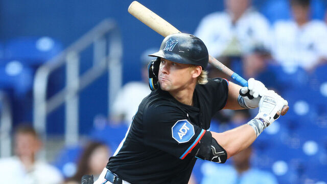 MIAMI, FLORIDA - MAY 16: Kyle Stowers #28 of the Miami Marlins at bat against the Tampa Bay Rays in the first inning of the game at loanDepot park on May 16, 2025 in Miami, Florida.
