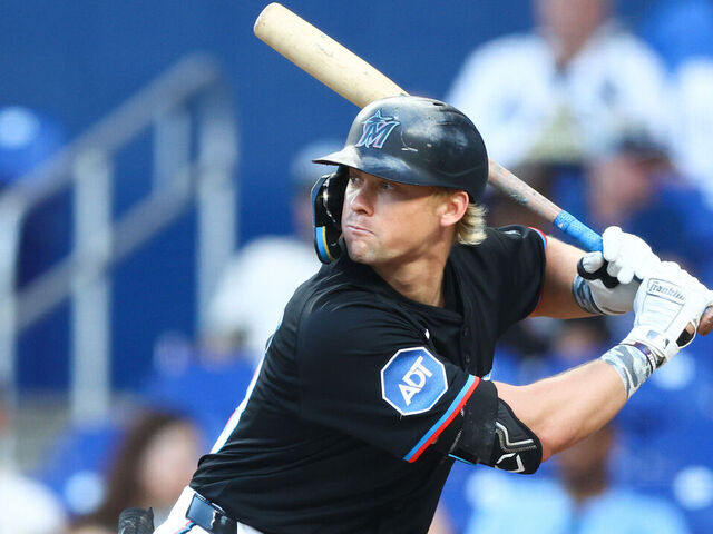 MIAMI, FLORIDA - MAY 16: Kyle Stowers #28 of the Miami Marlins at bat against the Tampa Bay Rays in the first inning of the game at loanDepot park on May 16, 2025 in Miami, Florida.