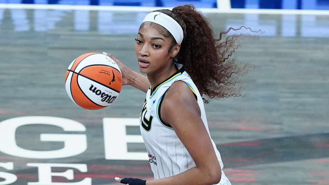 INDIANAPOLIS, IN - MAY 17: Chicago Sky forward Angel Reese (5) brings the ball up court against the Indiana Fever on May 17, 2025, at Gainbridge Fieldhouse in Indianapolis, Indiana.