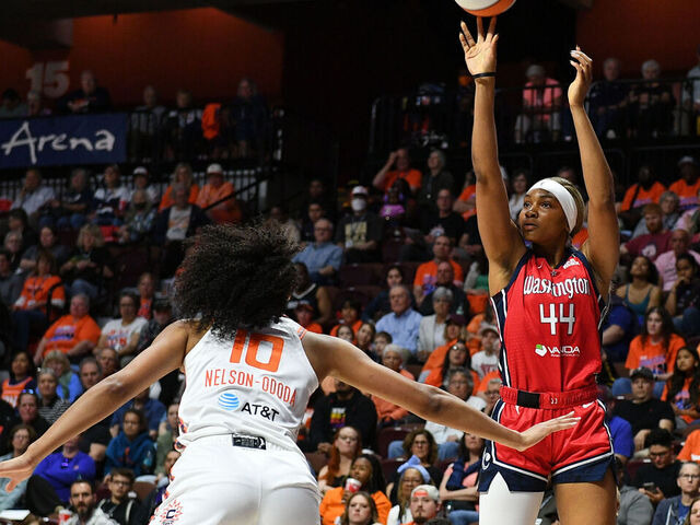 UNCASVILLE, CT - MAY 18: Washington Mystics forward Kiki Iriafen (44) shoots the ball during a WNBA game between the Washington Mystics and the Connecticut Sun on May 18, 2025, at Mohegan Sun Arena in Uncasville, CT.