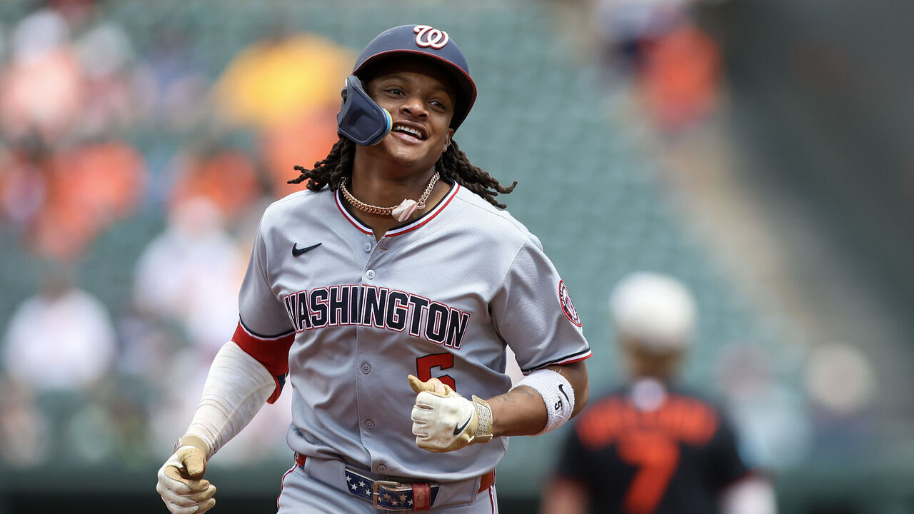 BALTIMORE, MARYLAND - MAY 18: CJ Abrams #5 of the Washington Nationals hits a home run against the Baltimore Orioles in the second inning of play at Oriole Park at Camden Yards on May 18, 2025 in Baltimore, Maryland.