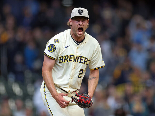 MILWAUKEE, WISCONSIN - MAY 18: Trevor Megill #29 of the Milwaukee Brewers reacts to the third out of the ninth inning against the Minnesota Twins at American Family Field on May 18, 2025 in Milwaukee, Wisconsin.