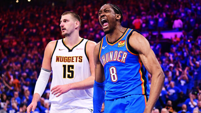 OKLAHOMA CITY, OKLAHOMA - MAY 18: Jalen Williams #8 of the Oklahoma City Thunder reacts after slam dunking during the second quarter in Game Seven of the Western Conference Second Round NBA Playoffs at Paycom Center on May 18, 2025 in Oklahoma City, Oklahoma.