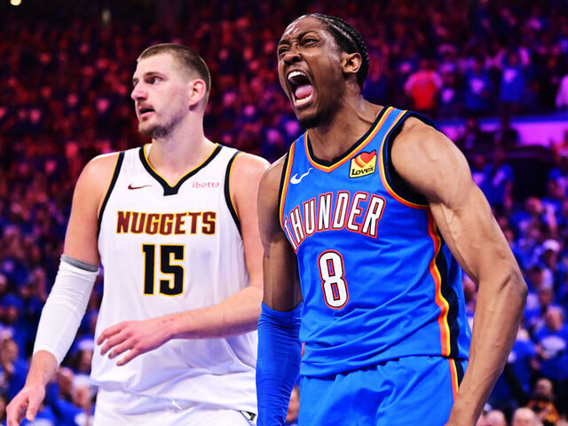 OKLAHOMA CITY, OKLAHOMA - MAY 18: Jalen Williams #8 of the Oklahoma City Thunder reacts after slam dunking during the second quarter in Game Seven of the Western Conference Second Round NBA Playoffs at Paycom Center on May 18, 2025 in Oklahoma City, Oklahoma.