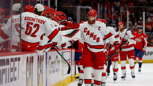 WASHINGTON, DC - MAY 15: Jordan Staal #11 of the Carolina Hurricanes celebrates a first period goal against the Washington Capitals Game Five of the Second Round of the 2025 Stanley Cup Playoffs at Capital One Arena on May 15, 2025 in Washington, D.C.