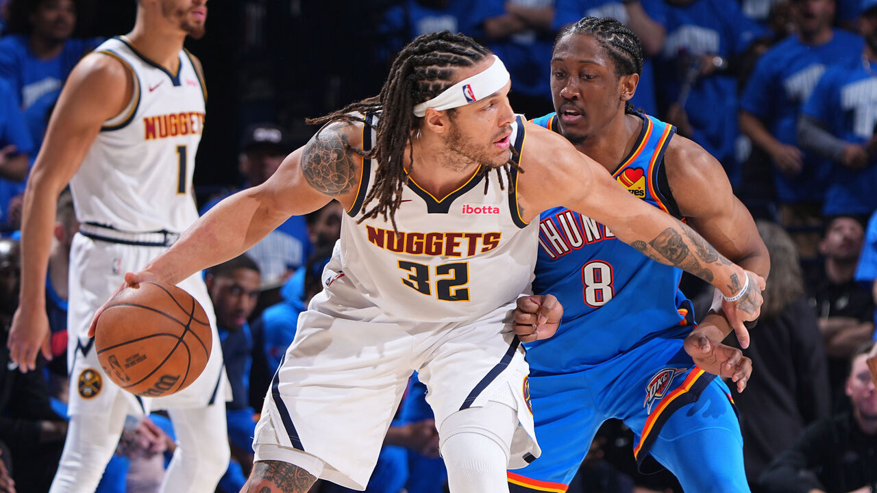OKLAHOMA CITY, OK - MAY 18: Jalen Williams #8 of the Oklahoma City Thunder plays defense during the game against the Denver Nuggets during Round 2 Game 7 of the 2025 NBA Playoffs on May 18, 2025 at Paycom Center in Oklahoma City, Oklahoma. Mandatory Copyright Notice: Copyright 2025 NBAE