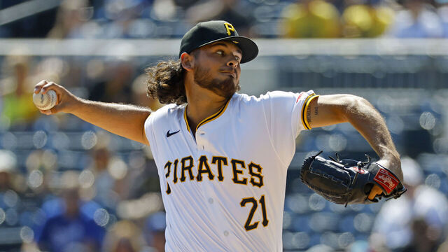 PITTSBURGH, PA - SEPTEMBER 15: Jared Jones #37 of the Pittsburgh Pirates pitches in the first inning against the Kansas City Royals during inter-league play at PNC Park on September 15, 2024 in Pittsburgh, Pennsylvania. All Pirates players are wearing #21 in honor of Roberto Clemente today.