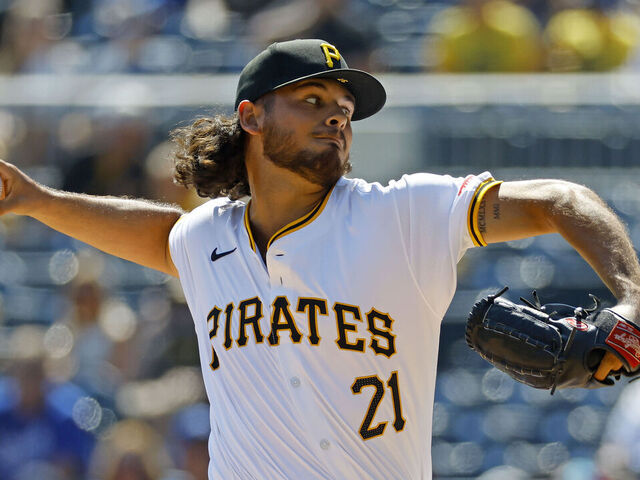 PITTSBURGH, PA - SEPTEMBER 15: Jared Jones #37 of the Pittsburgh Pirates pitches in the first inning against the Kansas City Royals during inter-league play at PNC Park on September 15, 2024 in Pittsburgh, Pennsylvania. All Pirates players are wearing #21 in honor of Roberto Clemente today.
