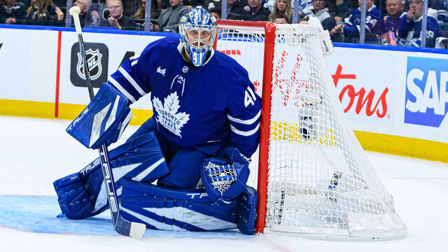 TORONTO, ON - MAY 05: Toronto Maple Leafs Goalie Anthony Stolarz (41) tends the net during the first period of the 2025 NHL Stanley Cup playoffs second round game one between the Florida Panthers and the Toronto Maple Leafs on May 5, 2025, at Scotiabank Arena in Toronto, ON, Canada.