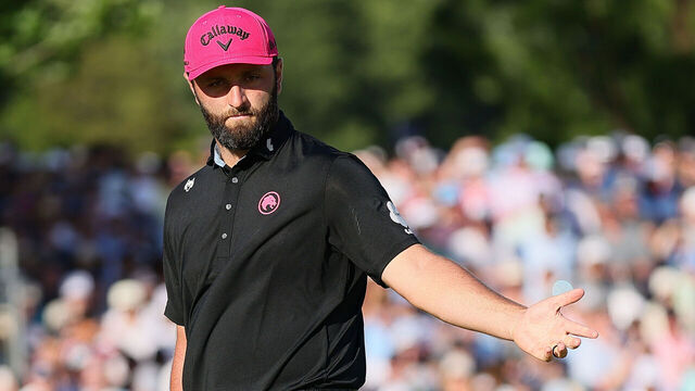 CHARLOTTE, NORTH CAROLINA - MAY 18: Jon Rahm of Spain reacts to a missed putt on the 18th green during the final round of the PGA Championship at Quail Hollow Country Club on May 18, 2025 in Charlotte, North Carolina.
