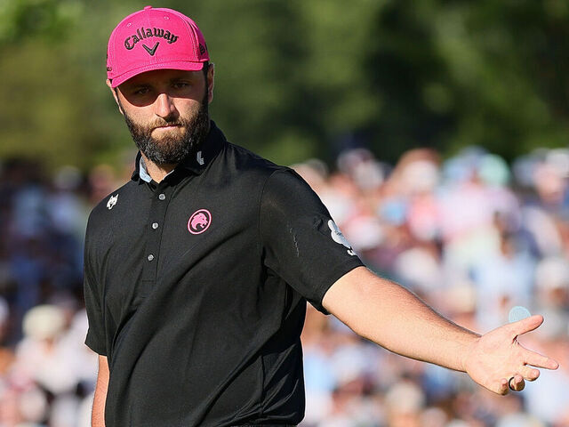 CHARLOTTE, NORTH CAROLINA - MAY 18: Jon Rahm of Spain reacts to a missed putt on the 18th green during the final round of the PGA Championship at Quail Hollow Country Club on May 18, 2025 in Charlotte, North Carolina.