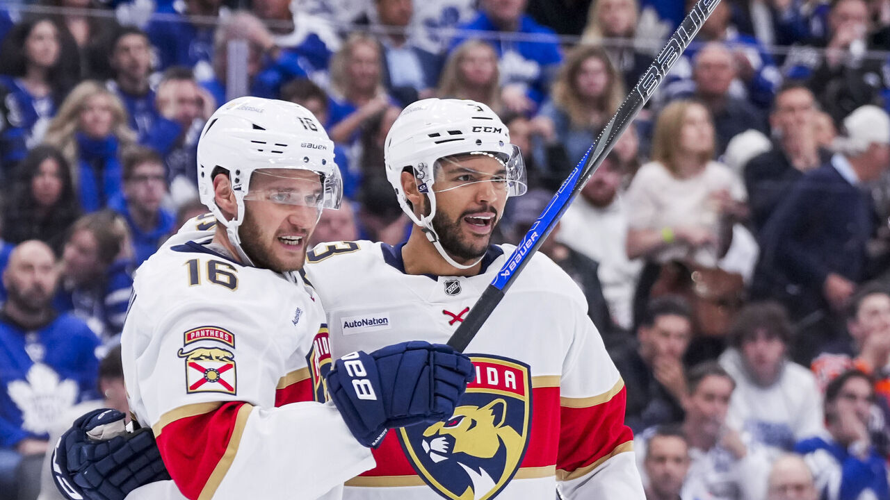TORONTO, ON - MAY 18: Aleksander Barkov #16 Seth Jones #3 celebrate a goal scored by Jonah Gadjovich #12 of the Florida Panthers during the first period of Game Seven of the Second Round of the 2025 Stanley Cup Playoffs after the Toronto Maple Leafs at the Scotiabank Arena on May 18, 2025 in Toronto, Ontario, Canada.