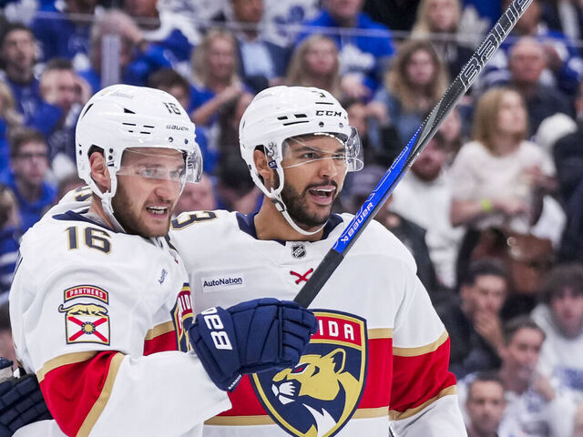 TORONTO, ON - MAY 18: Aleksander Barkov #16 Seth Jones #3 celebrate a goal scored by Jonah Gadjovich #12 of the Florida Panthers during the first period of Game Seven of the Second Round of the 2025 Stanley Cup Playoffs after the Toronto Maple Leafs at the Scotiabank Arena on May 18, 2025 in Toronto, Ontario, Canada.