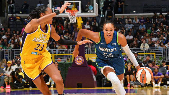 LOS ANGELES, CA - MAY 18: Napheesa Collier #24 of the Minnesota Lynx dribbles the ball during the game against the Los Angeles Sparks on May 18, 2025 at Crypto.com Arena in Los Angeles, California. NOTE TO USER: User expressly acknowledges and agrees that, by downloading and/or using this Photograph, user is consenting to the terms and conditions of the Getty Images License Agreement. Mandatory Copyright Notice: Copyright 2025 NBAE