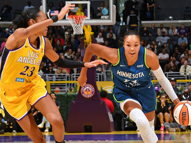 LOS ANGELES, CA - MAY 18: Napheesa Collier #24 of the Minnesota Lynx dribbles the ball during the game against the Los Angeles Sparks on May 18, 2025 at Crypto.com Arena in Los Angeles, California. NOTE TO USER: User expressly acknowledges and agrees that, by downloading and/or using this Photograph, user is consenting to the terms and conditions of the Getty Images License Agreement. Mandatory Copyright Notice: Copyright 2025 NBAE