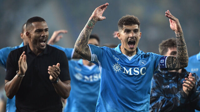 PARMA, ITALY - MAY 18: Giovanni Di Lorenzo of Napoli celebrates at the end of the match of the Serie A match between Parma and Napoli at Stadio Ennio Tardini on May 18, 2025 in Parma, Italy.