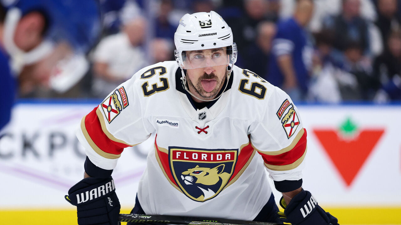 TORONTO, CANADA - MAY 18: Brad Marchand #63 of the Florida Panthers looks on before a face off against the Toronto Maple Leafs in Game Seven of the Second Round of the 2025 Stanley Cup Playoffs at Scotiabank Arena on May 18, 2025 in Toronto, Ontario, Canada.