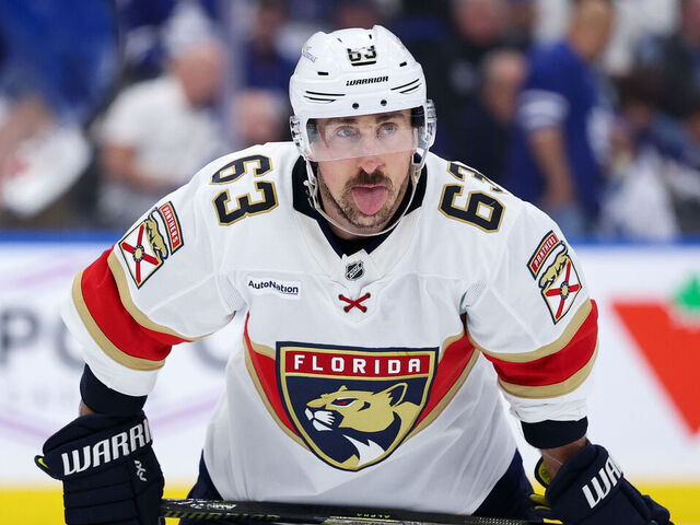 TORONTO, CANADA - MAY 18: Brad Marchand #63 of the Florida Panthers looks on before a face off against the Toronto Maple Leafs in Game Seven of the Second Round of the 2025 Stanley Cup Playoffs at Scotiabank Arena on May 18, 2025 in Toronto, Ontario, Canada.