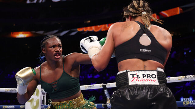 DETROIT, MICHIGAN - JUNE 03: Claressa Shields throws a punch against Maricela Cornejo during their Middleweight Championship fight at Little Caesars Arena on June 03, 2023 in Detroit, Michigan.