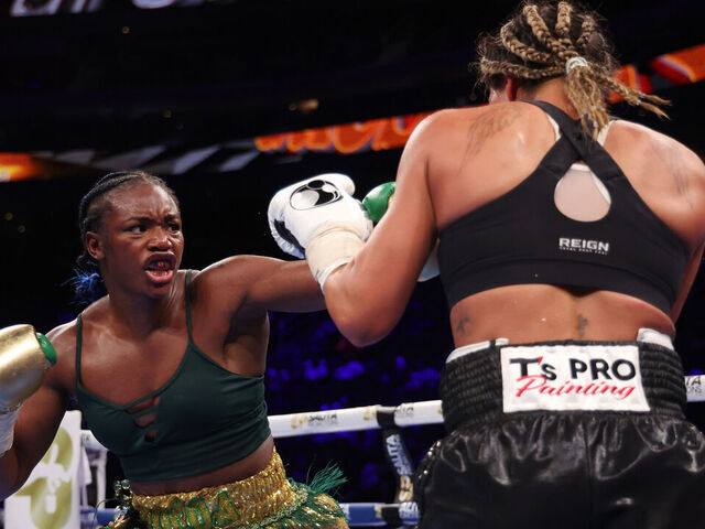 DETROIT, MICHIGAN - JUNE 03: Claressa Shields throws a punch against Maricela Cornejo during their Middleweight Championship fight at Little Caesars Arena on June 03, 2023 in Detroit, Michigan.