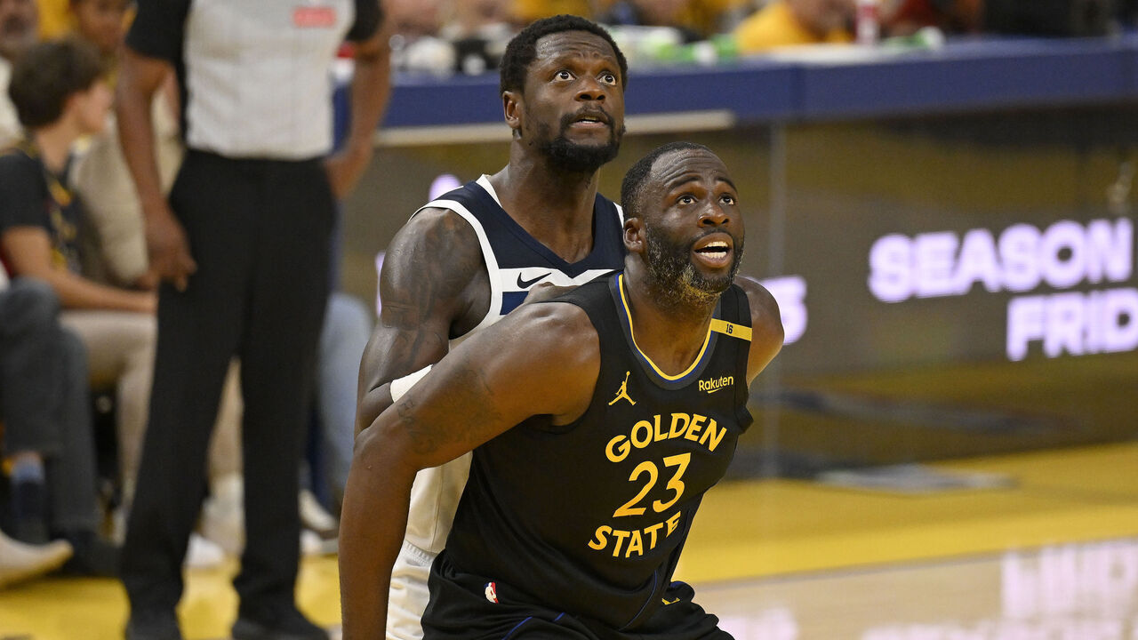 SAN FRANCISCO, CA - MAY 12: Draymond Green #23 of the Golden State Warriors and Julius Randle #30 of the Minnesota Timberwolves wait for a rebound during Round Two, Game Four of the 2025 NBA Playoffs on May 12, 2025 at Chase Center in San Francisco, California. NOTE TO USER: User expressly acknowledges and agrees that, by downloading and or using this photograph, user is consenting to the terms and conditions of Getty Images License Agreement. Mandatory Copyright Notice: Copyright 2025 NBAE