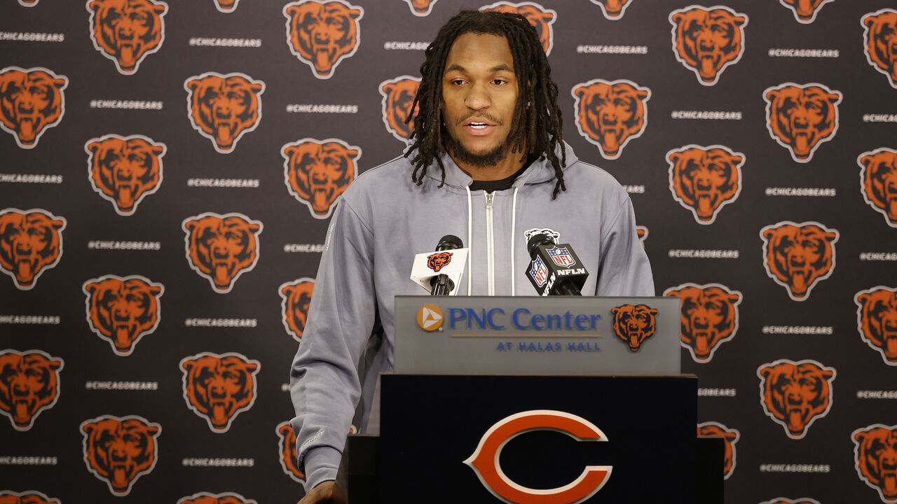 LAKE FOREST, ILLINOIS - MAY 09: Luther Burden III #87 of the Chicago Bears speaks to the media after the Chicago Bears Rookie Minicamp at Halas Hall on May 09, 2025 in Lake Forest, Illinois.