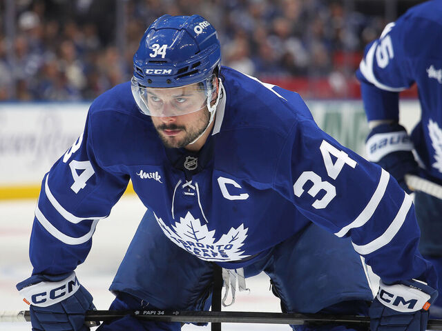 TORONTO, CANADA - MAY 14: Auston Matthews #34 of the Toronto Maple Leafs gets set to take a faceoff against the Florida Panthers during the second period in Game Five of the Second Round of the 2025 Stanley Cup Playoffs at Scotiabank Arena on May 14, 2025 in Toronto, Ontario, Canada.
