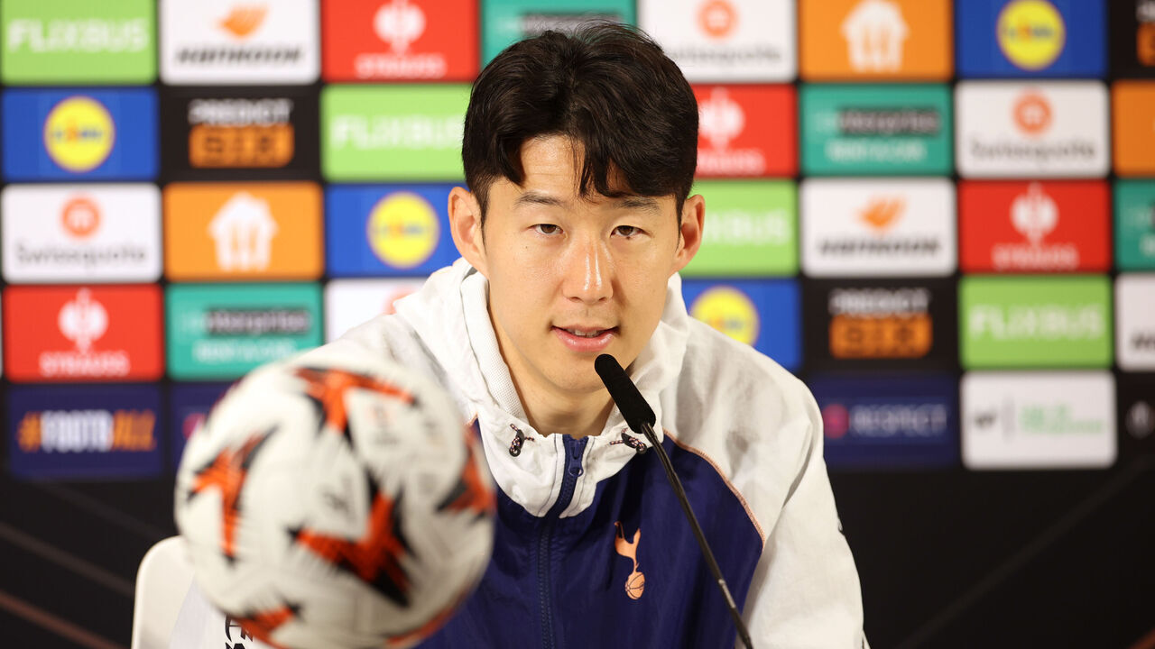BILBAO, SPAIN - MAY 20: Son Heung-Min of Tottenham Hotspur speaks to the media during a press conference ahead of the UEFA Europa League Final 2025 between Tottenham Hotspur and Manchester United at Estadio de San Mames on May 20, 2025 in Bilbao, Spain.