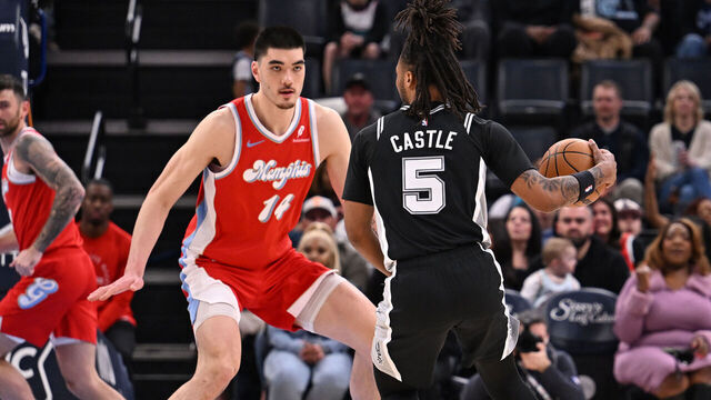 MEMPHIS, TN - MARCH 01: Stephon Castle #5 of the San Antonio Spurs dribbles the ball during the game against the Memphis Grizzlies on March 01, 2025 at FedExForum in Memphis, Tennessee. Mandatory Copyright Notice: Copyright 2025 NBAE