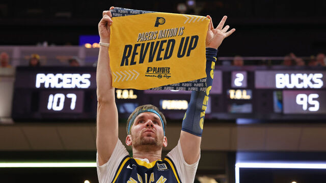 INDIANAPOLIS, IN- APRIL 19: An Indiana Pacers' fan holds a towel during the game against the Milwaukee Bucks during Round One Game One of the 2025 NBA Playoffs on April 19, 2025 at Gainbridge Fieldhouse in Indianapolis, Indiana. Mandatory Copyright Notice: Copyright 2025 NBAE