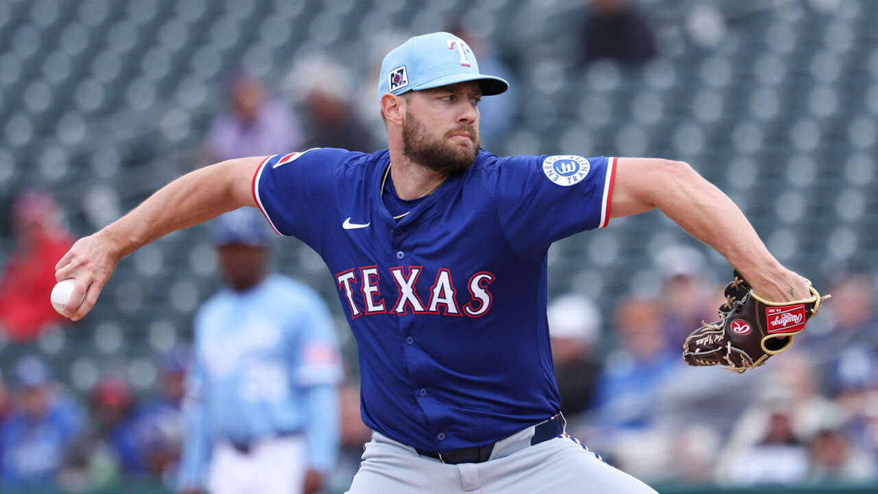 SURPRISE, AZ - MARCH 03: Adrian Houser #47 of the Texas Rangers pitches during the game against the Kansas City Royals at Surprise Stadium on Monday, March 3, 2025 in Surprise, Arizona.