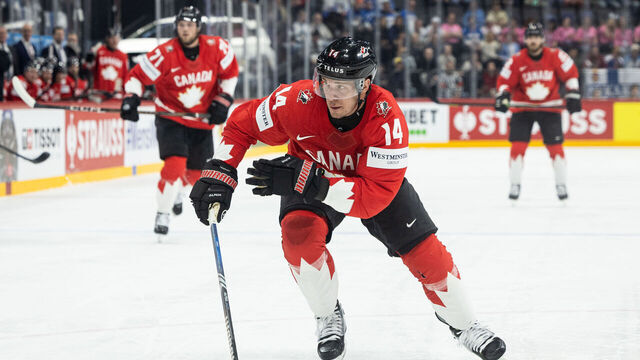 STOCKHOLM, SWEDEN - MAY 19: Bo Horvat of Canada during the 2025 Ice Hockey World Championship match between Canada and Finland at Avicii Arena on May 19, 2025 in Stockholm, Sweden.